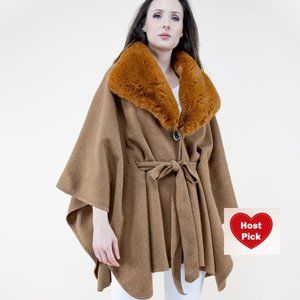 Belted Poncho with Fur Collar Camel Brown Faux Fur Shawl Coat